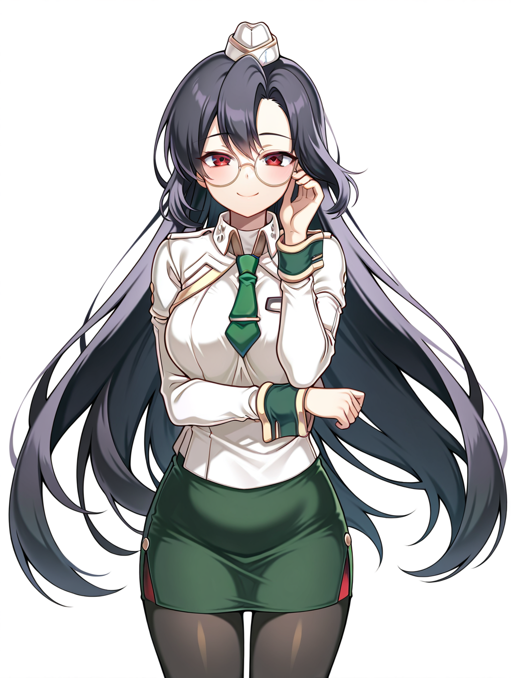 <lora:SW-LownaV1-IXL:1> sw-lowna,white shirt,sleeve cuffs, black hair,mini garrison cap,green necktie,very very long hair, pencil skirt,pantyhose, smile,dynamic pose,looking at viewer, straight-on, 
round eyewear,
best quality, masterpiece,