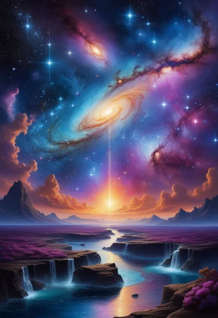 Create a mesmerizing and evocative artwork that captures the essence of eternity itself. Picture an infinite expanse of swirling galaxies, nebulae, and stars stretching out into the vast, cosmic unknown. The cosmic canvas is alive with vibrant hues of deep blues, rich purples, and shimmering silver, creating a breathtaking celestial tapestry that dazzles the eye. In the heart of this cosmic symphony, a radiant, golden light emanates from a central point, symbolizing the eternal cycle of creation and rebirth. The ethereal glow casts a warm, comforting light upon the cosmic dance, infusing the scene with a sense of timeless beauty and wonder. As you gaze upon this magnificent vision, you feel a profound sense of awe and reverence for the boundless expanse of the universe and the eternal mysteries that lie beyond.