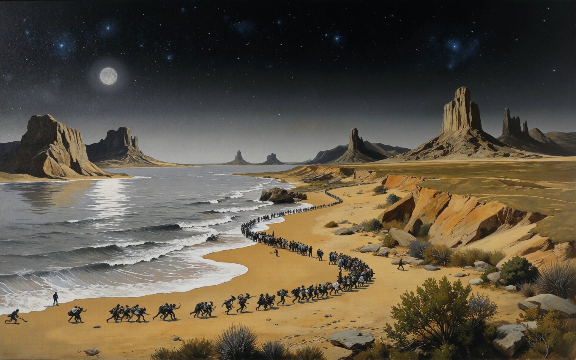 <lora:AS_3:0.3> <lora:Vintage_Nudity_60s:0.6> Dark-toned Academicism impasto painting of a fiendish, old, punk, pouting, Stuart Serbian crowd sprinting across the image. side view. The painting seamlessly transitions from a steampunk busy lake landscape on the left, to a mysterious busy desert buttes on the right. Surreal elements are used to blend the two settings seamlessly. multipart gray and celadon and russet bark-textured details, busy. Earth theme. In the distance there is a moonless starry sky with nebulae. The overall style of the painting is elegant fine art that combines two settings with absurd symbolic Surreal details. The artist has added detail with deliberate brushstrokes, and scratchs that reveal the Burnt Sienna underpainting.