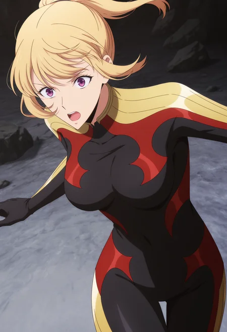 <lora:Hae In CHA:1>,
Hae-In CHA,black bodysuit,solo,bodysuit,breasts,open mouth,medium breasts,single hair bun,front view,purple eyes,blonde hair,high ponytail