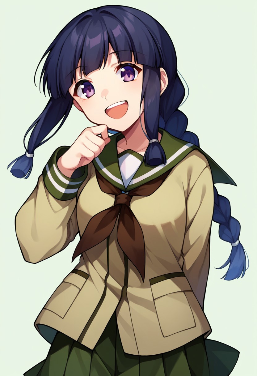 score_9, score_8, score_7, source_anime, kitakami (kancolle), single braid, ribbon, hair ribbon, pleated skirt, neckerchief, smile, long sleeves, sailor collar, open mouth