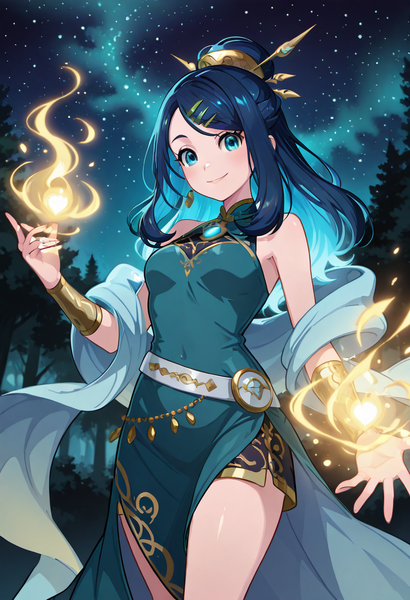 masterpiece, best quality, 1girl, eyelashes, (beautiful eyes), looking at viewer, smile,  dark blue hair,   [Fantasy-Inspired Chic] zzLikoMV, 1girl, solo, turquoise eyes, blue hair, long hair, flowing gown, intricate patterns, silver belt, glowing accessories, magical ambiance, starry sky, mystical forest â Under a starry sky in an enchanted forest, zzLikoMV stands with grace, her turquoise eyes glowing softly beneath her long blue hair. The flowing gown she wears, patterned with intricate designs, moves like liquid under the night breeze. A silver belt cinches her waist, while glowing accessories shimmer around her, casting a mystical light on the scene, creating a surreal and magical atmosphere.  (dynamic pose, foreshortening),  ,<lora:LikoMegaVoltagePokemon_IXL:1.0>,   <lora:CoutureCraze_IXL:0.7>,