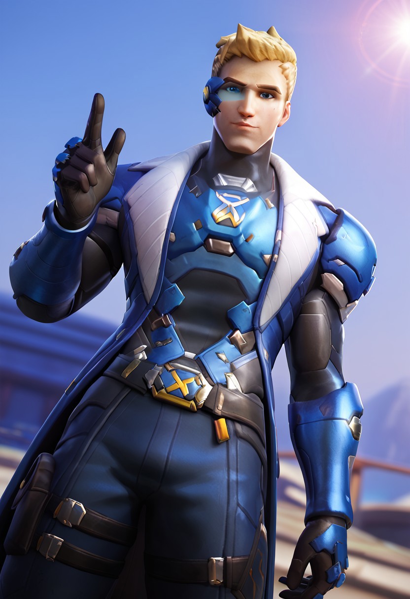 score_9, score_8_up, score_7_up, score_6_up, 8k, highest quality, high detail, masterpiece, perfection style, perfection, perfect, perfecteyes, best quality, beautiful lighting, perfecteyes, (highest quality), (best shadow), intricate details, ultra-detailed face, detailed eyes, perfect face, detailed eyes, (masculine, 1male, jackm, soldier 76 /(Overwatch)/ mature male, blonde hair, short hair, sideburns, blue eyes, muscular, thick eyebrows, slim lips, clean shaven face), ultra sharp focus, bara, armor, strike commander morrison, scouter, pant, boot, gloves, dynamic pose, looking at viewer, cowboy shot, dutch angle, depth of field, lens flare