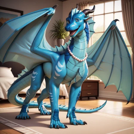 score_9, score_8_up, score_7_up, score_6_up, score_5_up, score_4_up, masterpiece, high quality, realistic, detailed, best quality, white bed, solo, rating_safe, source_furry, bedroom, smiling, open mouth smile, happy, detailed eyes, detailed face, (looking at viewer), standing, Tsunami_wof, Seawing_wof, dragon, scales, horns, claws, wings, tail, aquatic scales, blue eyes, 1girl, female, chin tendrils, head frill, chest frill, webbed claws, webbed feet, necklace, pearl necklace