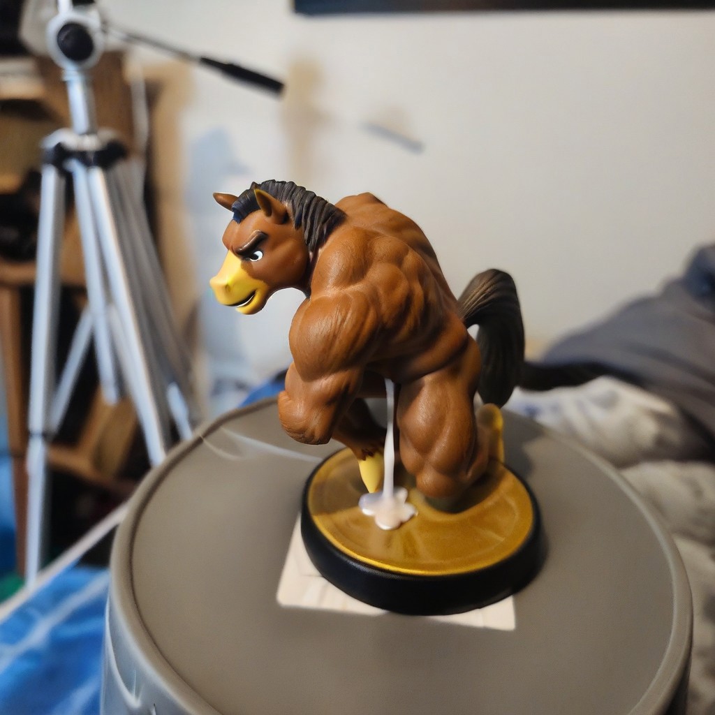 Amiibo, figure, horse, erection, cum drip, on all fours, round circular stand, muscular, bara, detailed figure