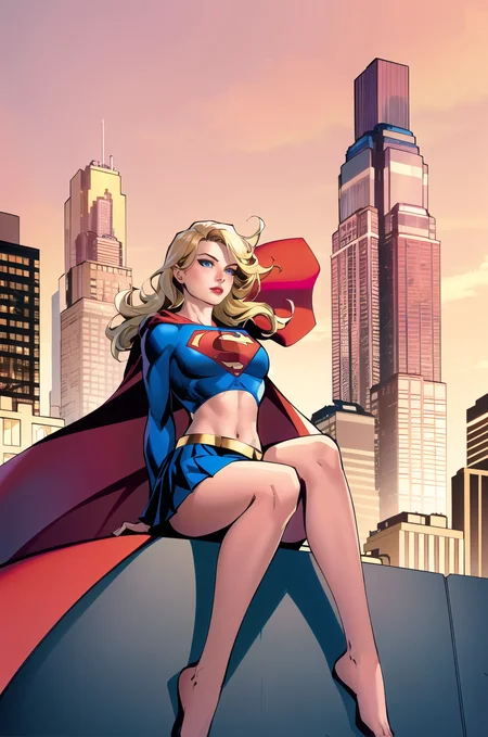 jim lee,
1girl, arm support, bangs, belt, blue eyes, blue skirt, blush, blonde hair, breasts, building, cape, cityscape, closed mouth, crop top, cropped shirt, day, feet out of frame, floating hair, from below, legs together, long hair, long sleeves, looking at viewer, medium breasts, midriff, navel, outdoors, pink lips, pleated skirt, red cape, sitting, skirt, skyscraper, solo, sunset, superhero, yellow sky
, ((masterpiece))
<lora:jim_lee_offset:1>