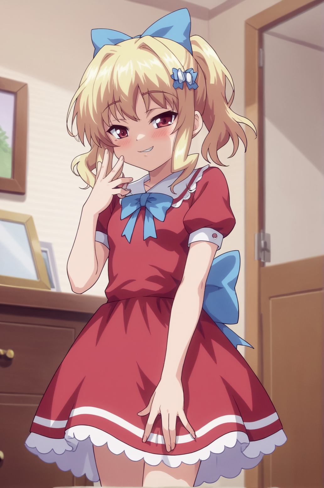 score_9, score_8_up, score_7_up,anime_source, source_anime, best background, detailed background, anime screencap,  Koharu, 1girl, bow,  dress, hair bow, red dress, ribbon, short sleeves, solo, victory fingers, naughty face, blush,    indoors,   <lora:Koharu_Nanase:0.8>