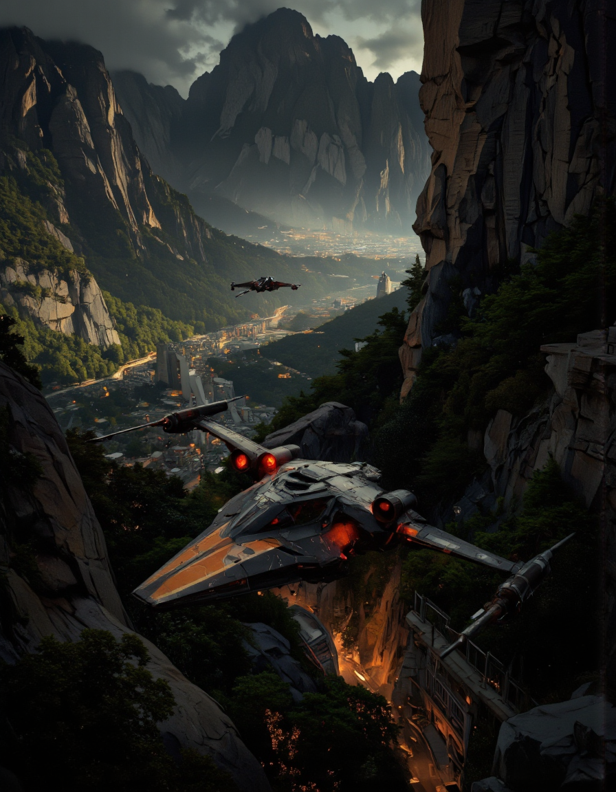 Art by Richard Anderson. A photo-realistic shoot from a bird's eye view about a futuristic spaceship flying over a lush, mountainous landscape at night. the image also shows a futuristic cityscape below, with tall, rocky mountains and dense greenery. on the middle of the image, a black and orange starfighter is flying, with its wings spread wide, showcasing its sleek design and red lights. the starfighter appears to be in mid-flight, with the city lights shining brightly against the dark, misty backdrop. the city below is surrounded by dense foliage and rocky cliffs, with a few buildings and structures visible in the distance. the overall atmosphere is dramatic and dramatic, with dramatic lighting and a sense of depth and movement.