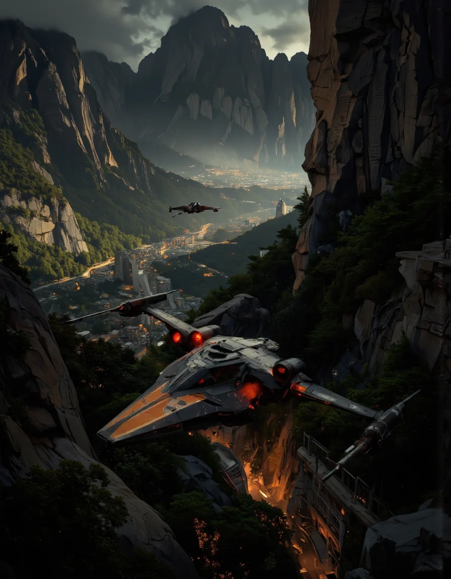 Art by Richard Anderson. A photo-realistic shoot from a bird's eye view about a futuristic spaceship flying over a lush, mountainous landscape at night. the image also shows a futuristic cityscape below, with tall, rocky mountains and dense greenery. on the middle of the image, a black and orange starfighter is flying, with its wings spread wide, showcasing its sleek design and red lights. the starfighter appears to be in mid-flight, with the city lights shining brightly against the dark, misty backdrop. the city below is surrounded by dense foliage and rocky cliffs, with a few buildings and structures visible in the distance. the overall atmosphere is dramatic and dramatic, with dramatic lighting and a sense of depth and movement.