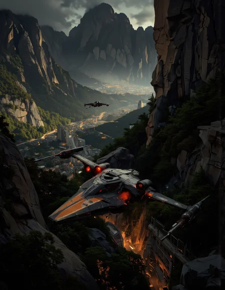 Art by Richard Anderson. A photo-realistic shoot from a bird's eye view about a futuristic spaceship flying over a lush, mountainous landscape at night. the image also shows a futuristic cityscape below, with tall, rocky mountains and dense greenery. on the middle of the image, a black and orange starfighter is flying, with its wings spread wide, showcasing its sleek design and red lights. the starfighter appears to be in mid-flight, with the city lights shining brightly against the dark, misty backdrop. the city below is surrounded by dense foliage and rocky cliffs, with a few buildings and structures visible in the distance. the overall atmosphere is dramatic and dramatic, with dramatic lighting and a sense of depth and movement.
