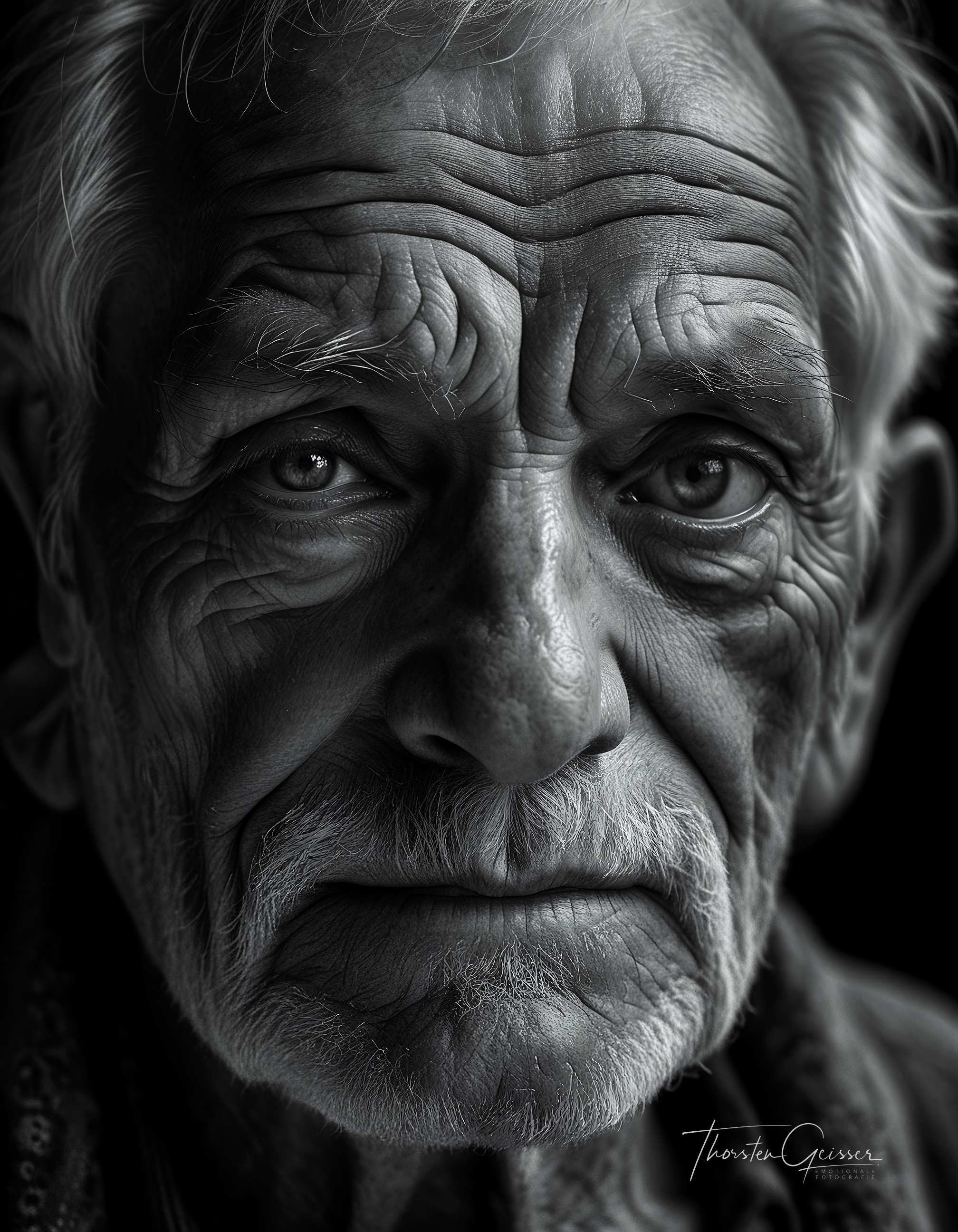 cinematic photo A high-resolution, black and white close-up portrait of an elderly man, his face etched with the wisdom and experiences of a lifetime. His skin is weathered and lined, a testament to the years he has lived and the stories he carries. His eyes, the focal point of the image, are bright and piercing, their irises filled with intricate details and subtle reflections of light. The depth and complexity of his gaze draw the viewer in, inviting them to contemplate the rich tapestry of his life. The background is a deep, velvety black, isolating the man's face and intensifying the emotional impact of his expression. The lighting is dramatic, highlighting the contours of his face and accentuating the wrinkles and creases that tell his story. The overall effect is one of profound depth and character, a portrait that captures the essence of a life well-lived in timeless black and white.     . 35mm photograph, film, bokeh, professional, 4k, highly detailed