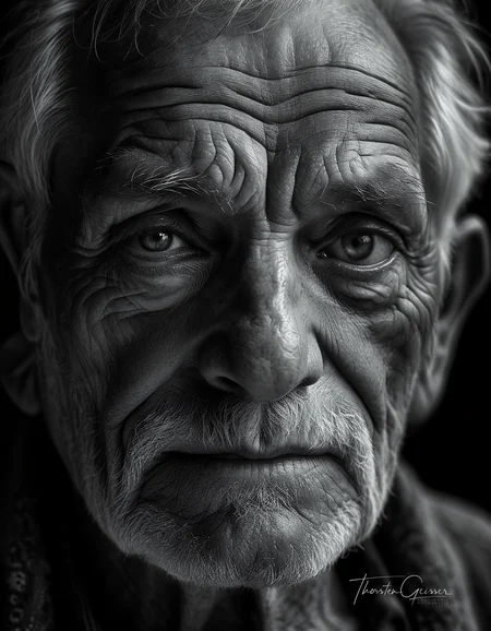 cinematic photo A high-resolution, black and white close-up portrait of an elderly man, his face etched with the wisdom and experiences of a lifetime. His skin is weathered and lined, a testament to the years he has lived and the stories he carries. His eyes, the focal point of the image, are bright and piercing, their irises filled with intricate details and subtle reflections of light. The depth and complexity of his gaze draw the viewer in, inviting them to contemplate the rich tapestry of his life. The background is a deep, velvety black, isolating the man's face and intensifying the emotional impact of his expression. The lighting is dramatic, highlighting the contours of his face and accentuating the wrinkles and creases that tell his story. The overall effect is one of profound depth and character, a portrait that captures the essence of a life well-lived in timeless black and white.     . 35mm photograph, film, bokeh, professional, 4k, highly detailed