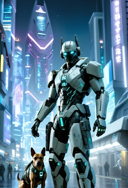Masterpiece, High Details, High Quality, animal Cyborg, dog, futuristic armor, full armor, futuristic buildings, night, cyberpunk aesthetics