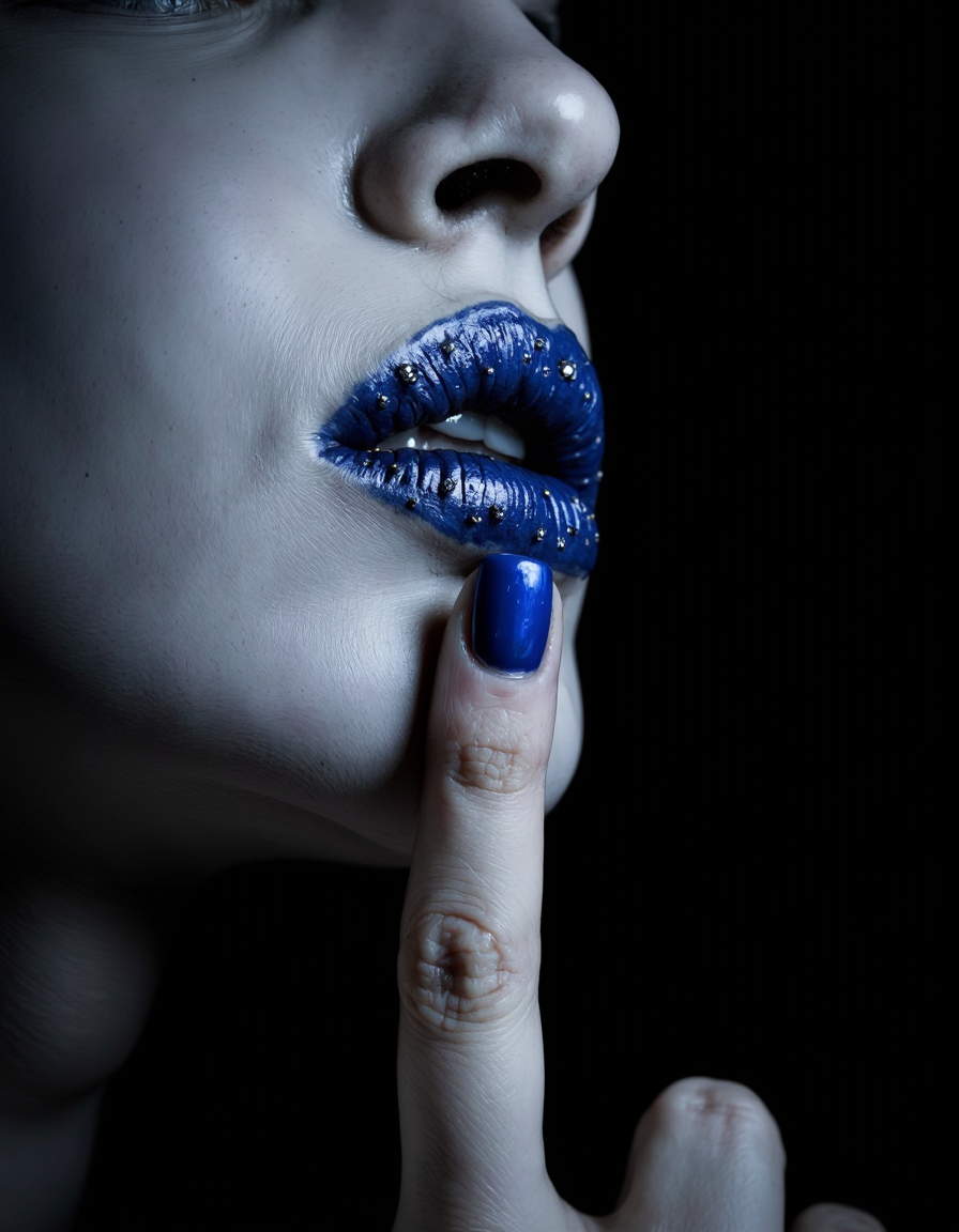 Gabriel Moreno art.
an extreme close up of a pair of womens lips
they're painted with a deep blue lipstick
the lower lip is heavy
on her lips are a few small bright diamonds that shine glistening in the spotlight
the womans skin is extremely pale
she's touching her chin with the tip of (one finger:1.25), the fingernail is painted with high gloss deep blue nail polish the same shade as her lipstick
she's lit with a single bright spotlight that is focused on her lips
her face is in 3/4 profile tilted upwards
the background of the image is black. <lora:Gabriel_Moreno:1>