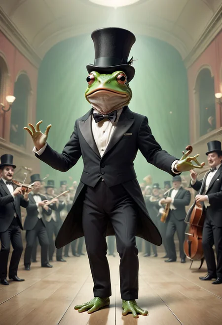 A surreal mind image of a frog dancing in a musical movie, wearing a top hat and tuxedo