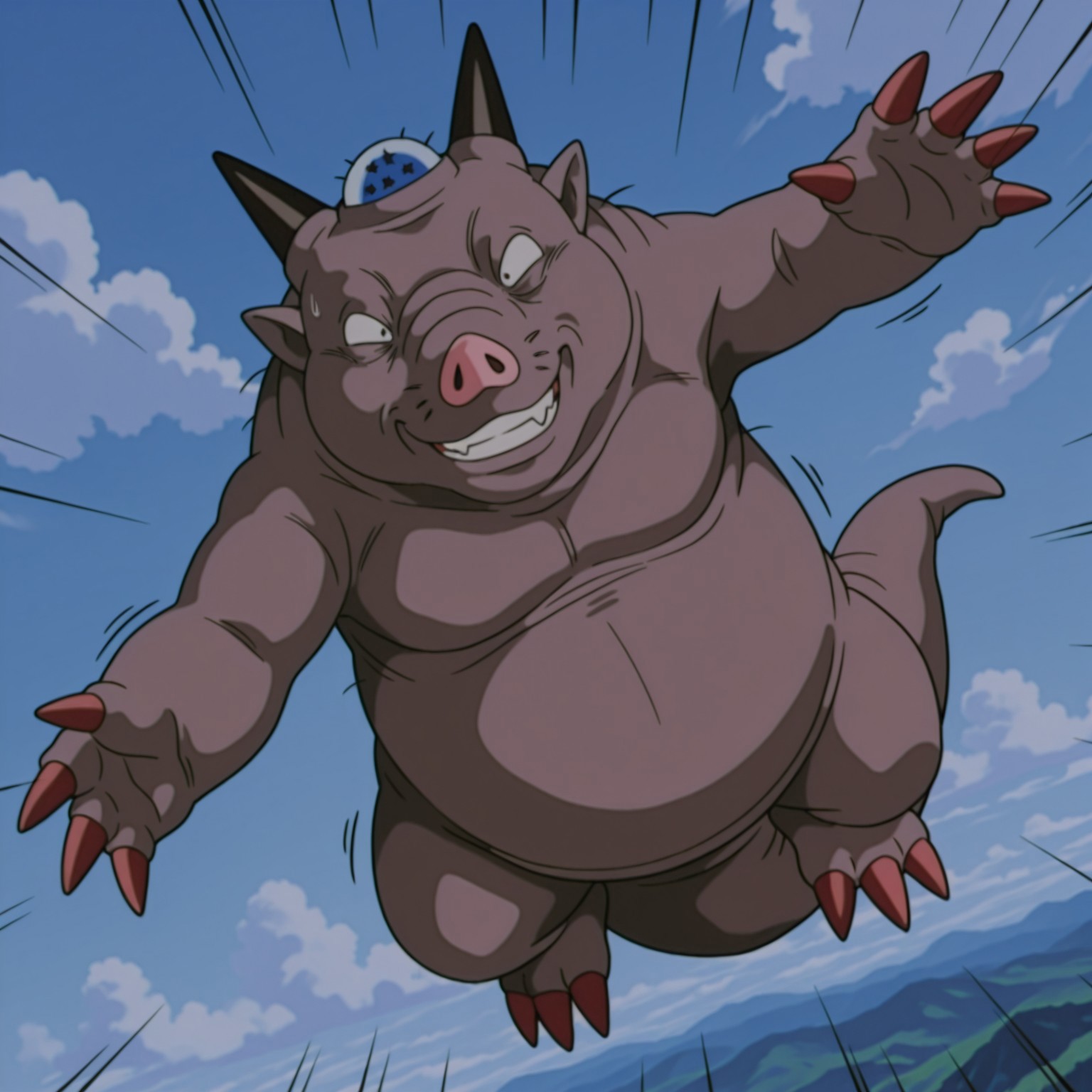Truenaturon, Solo, 2d, male, 1boy, monster, Brown skin, horns, red claws, pink nose, whiskers, pointy ears, tail, toe claws, best quality, amazing quality, very aesthetic, absurdres, newest

BREAK outside, outdoors, flying, soaring through the sky, motion lines, evil grin, mischievous look, clouds, sunny day