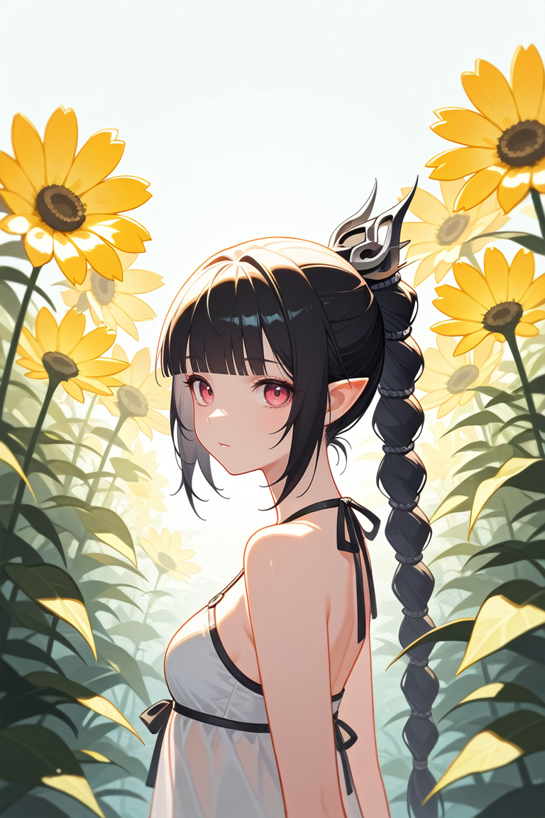 masterpiece, best quality, absurdres,
<lora:ILBGShadowH:0.8>
BGShadowH, 1girl, braided ponytail, pointy ears, black hair, blunt bangs, looking at viewer, in summer,seasonal flower,seasonal background,flower background, posing