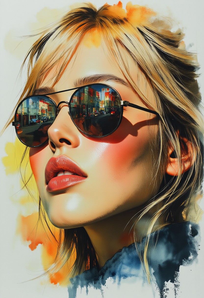 mwv7_alpha_v01, ArsMJStyle, Expressive Watercolor Ink Wash, closeup portrait of stunning japanese woman, long loose blonde hair, bangs, mirrored aviator sunglasses reflecting a city street