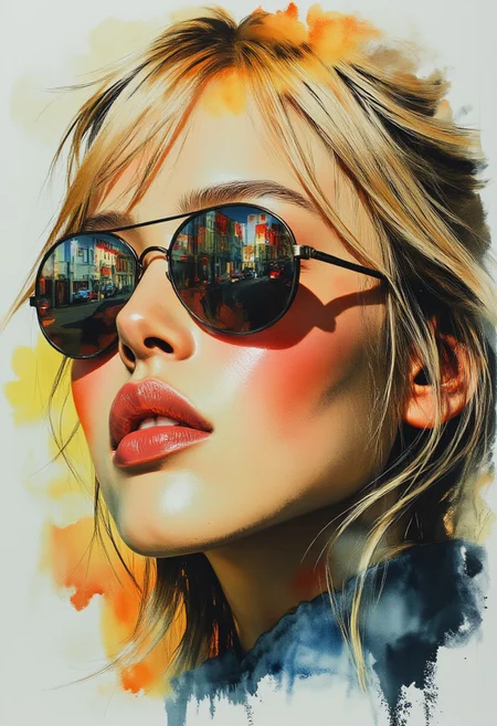 mwv7_alpha_v01, ArsMJStyle, Expressive Watercolor Ink Wash, closeup portrait of stunning japanese woman, long loose blonde hair, bangs, mirrored aviator sunglasses reflecting a city street