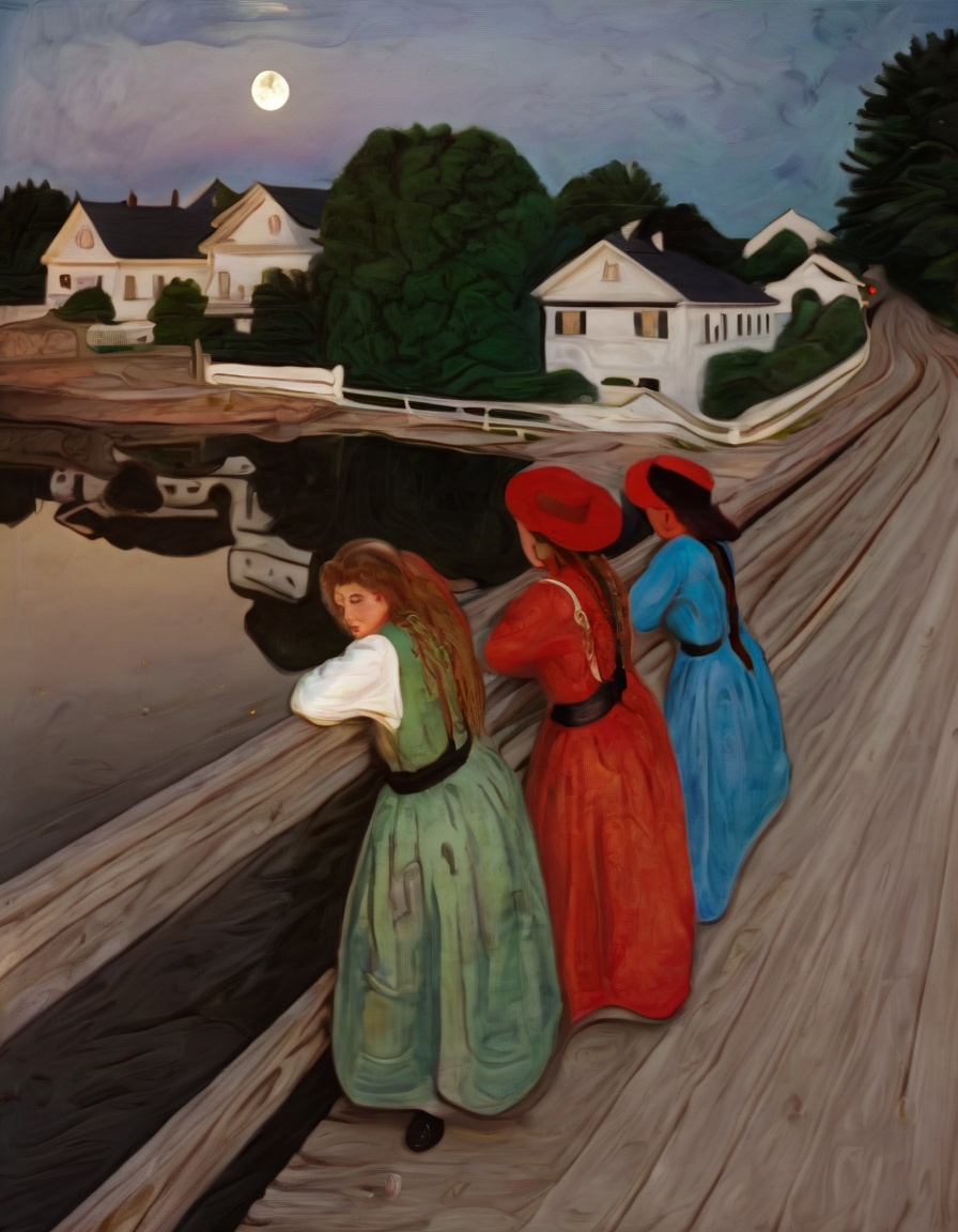 <lora:mnch:1>mnch, three woman lean against guard rail of bridge with houses trees and moon rising,
