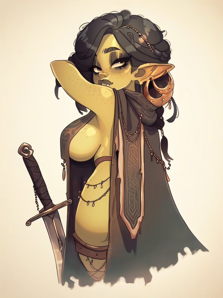 goblin, illustration, sword, sideboob
score_8_up  <lora:Rapscallion:1>