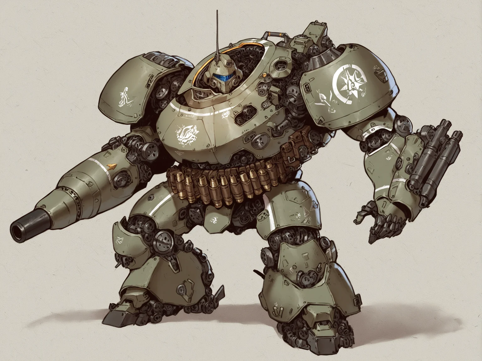 emersontung style, tankhead, overdesigned heavy armored mecha, big shoulders, arm cannon, cartridge belt, visor