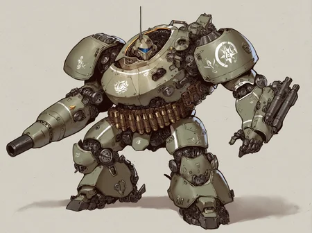 emersontung style, tankhead, overdesigned heavy armored mecha, big shoulders, arm cannon, cartridge belt, visor