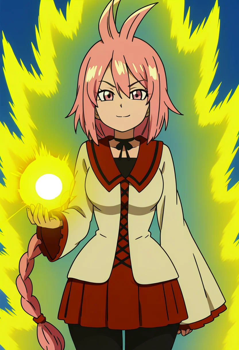 masterpiece, best quality, solo, curvy, beautiful eyes, narrow waist, wide hips, 1girl, solo, smile, looking at viewer,   zzKaede, pink eyes, hair between eyes, ahoge, antenna hair, long hair, pink hair, single braid,  school uniform, choker, sleeves past wrists, red skirt, black pantyhose,   ,<lora:KaedeByKurumiErika_IXL:1.0>, ,vivid aura, looking at viewer, blue background, smug, aura, super saiyan, charging energy, energy ball, energy, lightning, <lora:DBSBroly_Style_IXL_v2:0.6>,