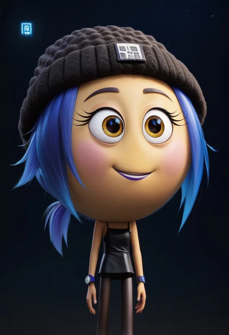 jailbreak, 1girl, yellow emoji, blue hair, ponytail, yellow sunshine eyes, pink cheeks, purple lipstick, round head, big head, chibi, no neck, no nose, black beanie with a skeleton on it, black code breaker watch with blue light, short black dress, black skinny tights, score_8_up, score_7_up, BREAK, 1girl, solo, closeup, portrait, smile, detailed background, 4k, masterpiece, best quality, highly detailed, realistic, 3d, cowboy shot, easynegative
