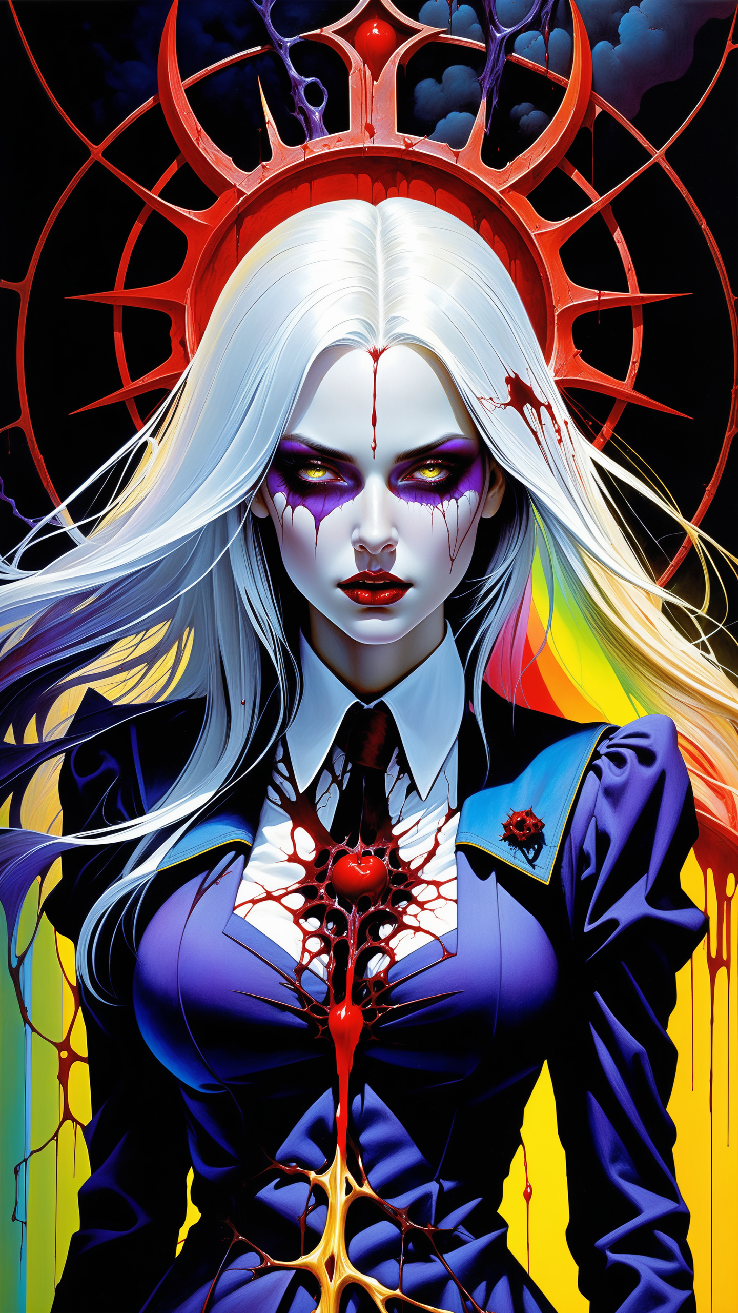 girl with a pretty face, white hair, purple eyes, (((sexy school uniform))), wearing a stylish very sexy school uniform, with a funny expression on her face, Hellwalker, incombing death, hell, black bloody veins growing and intertwining out of the darkness, oozing thick yellow blood, veins growing and pumping blood, (female body:1.3), vascular networks growing, connecting, explanding, red veins everywhere, zdzislaw beksinski, (sharp colors:1.3), (rainbow skin:1.1), (Infrared:1.2), ultra detailed, intricate, oil on canvas, ((dry brush, ultra sharp)), (surrealism:1.4), (disturbing:1.5), beksinski style painting, satanic symbols, (full torso), full body in frame, centered body, (male:1.2), realistic, ((intricate details)), (pale gothic evil king), dynamic pose, perfect face, (realistic eyes), perfect eyes, ((dark gothic background)), sharp focus