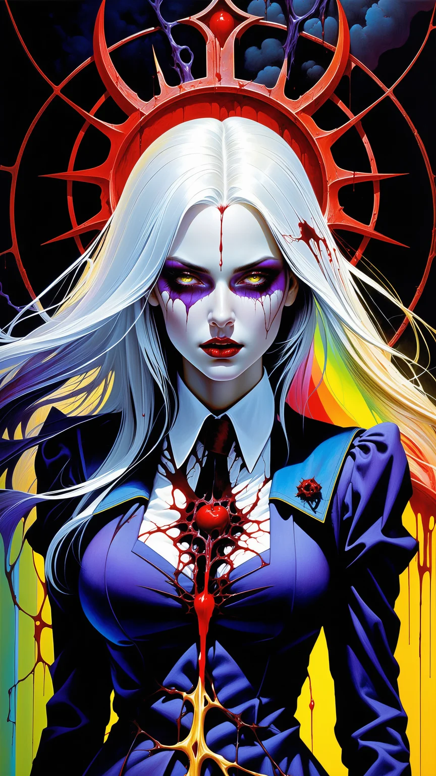 girl with a pretty face, white hair, purple eyes, (((sexy school uniform))), wearing a stylish very sexy school uniform, with a funny expression on her face, Hellwalker, incombing death, hell, black bloody veins growing and intertwining out of the darkness, oozing thick yellow blood, veins growing and pumping blood, (female body:1.3), vascular networks growing, connecting, explanding, red veins everywhere, zdzislaw beksinski, (sharp colors:1.3), (rainbow skin:1.1), (Infrared:1.2), ultra detailed, intricate, oil on canvas, ((dry brush, ultra sharp)), (surrealism:1.4), (disturbing:1.5), beksinski style painting, satanic symbols, (full torso), full body in frame, centered body, (male:1.2), realistic, ((intricate details)), (pale gothic evil king), dynamic pose, perfect face, (realistic eyes), perfect eyes, ((dark gothic background)), sharp focus