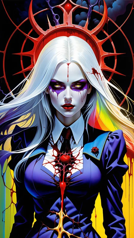 girl with a pretty face, white hair, purple eyes, (((sexy school uniform))), wearing a stylish very sexy school uniform, with a funny expression on her face, Hellwalker, incombing death, hell, black bloody veins growing and intertwining out of the darkness, oozing thick yellow blood, veins growing and pumping blood, (female body:1.3), vascular networks growing, connecting, explanding, red veins everywhere, zdzislaw beksinski, (sharp colors:1.3), (rainbow skin:1.1), (Infrared:1.2), ultra detailed, intricate, oil on canvas, ((dry brush, ultra sharp)), (surrealism:1.4), (disturbing:1.5), beksinski style painting, satanic symbols, (full torso), full body in frame, centered body, (male:1.2), realistic, ((intricate details)), (pale gothic evil king), dynamic pose, perfect face, (realistic eyes), perfect eyes, ((dark gothic background)), sharp focus