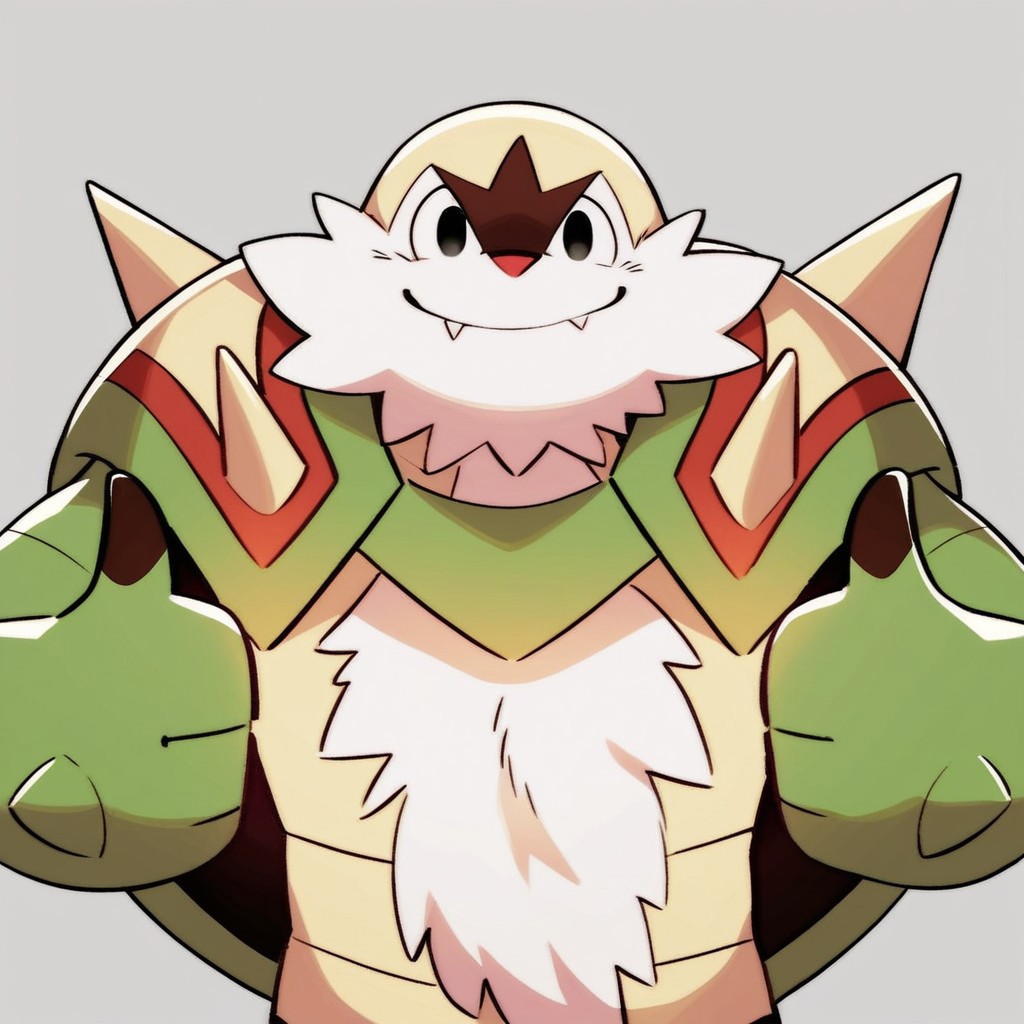 Score_7_up, score_8_up, official art, solo male, furry,
BREAK,
 chesnaught, upper body, thumbs up, uwu, smile, black eyes, fang, shell on back, spikes, simple background, looking at viewer,