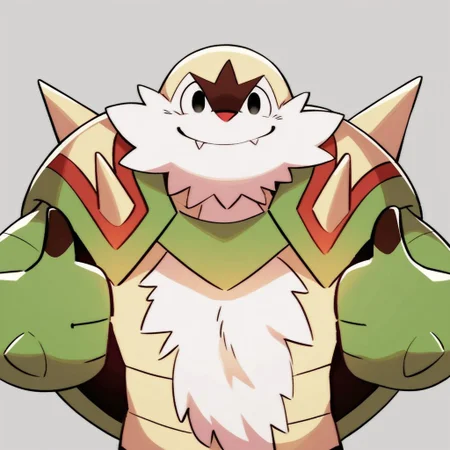 Score_7_up, score_8_up, official art, solo male, furry,
BREAK,
 chesnaught, upper body, thumbs up, uwu, smile, black eyes, fang, shell on back, spikes, simple background, looking at viewer,