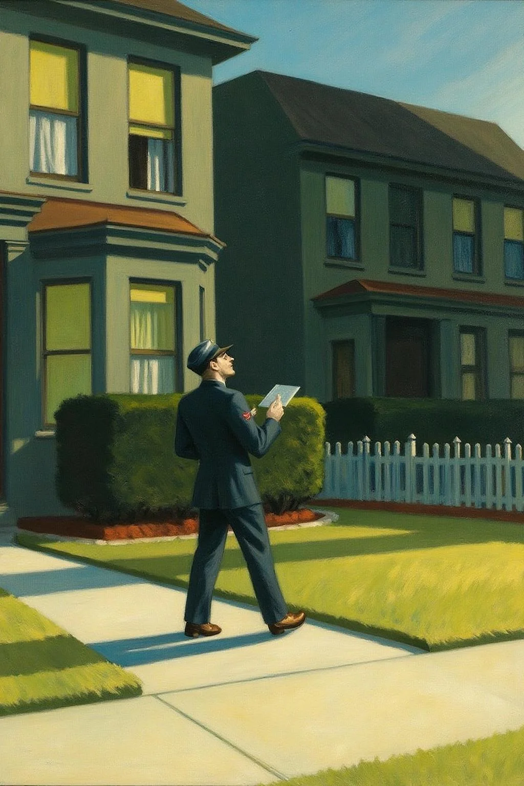 edwardhopper1 painting. A postman delivering letters to a suburban home, his uniform crisp and neat. The front yard is meticulously manicured, with a small white picket fence. The postman looks up to wave to a neighbor, captured in mid-motion, with a warm golden light highlighting his figure <lora:edwardhopper1_cap_d8a4e11:1.0><lora:847363368783184172:0>