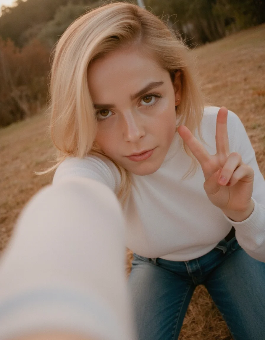 selfie pov, selfie, pov, taking selfie, low-angle shot, modern digital photography, cinematic portrait, young woman,  innocent, light-smile, striking eyes, soft warm lighting, vibrant color tones, vivid colors, 
blond hair, fitted white sweater, narrow waist, fitted jeans, 
candid expression, making v sign, v sign, v, peace,
 shallow depth of field, warm retro ambiance, glowing skin tones, outdoor golden hour lighting, artistic composition, timeless style, slight analog texture, dreamy atmosphere, enhanced contrast, natural soft focus
<lora:lqstyle_r15:0.7>, <lora:The_Body_V3:1>, <lora:Kiernan_Shipka_Flux:1>