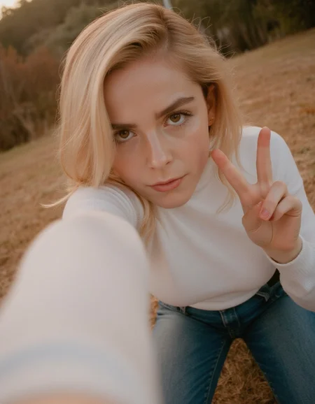 selfie pov, selfie, pov, taking selfie, low-angle shot, modern digital photography, cinematic portrait, young woman, innocent, light-smile, striking eyes, soft warm lighting, vibrant color tones, vivid colors,
blond hair, fitted white sweater, narrow waist, fitted jeans,
candid expression, making v sign, v sign, v, peace,
shallow depth of field, warm retro ambiance, glowing skin tones, outdoor golden hour lighting, artistic composition, timeless style, slight analog texture, dreamy atmosphere, enhanced contrast, natural soft focus
<lora:lqstyle_r15:0.7>, <lora:The_Body_V3:1>, <lora:Kiernan_Shipka_Flux:1>