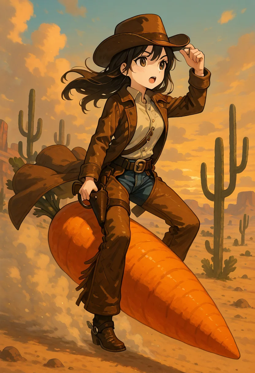masterpiece, best quality, 1girl, solo, eyelashes, (beautiful eyes),    C4rr0tR1d3r, 1girl, solo, long hair, open mouth, bangs, brown hair, shirt, black hair, long sleeves, hat, brown eyes, jacket, full body, weapon, boots, outdoors, open clothes, sky, collared shirt, pants, cloud, coat, gun, dress shirt, brown footwear, sunset, open coat, brown headwear, holster, brown coat, cowboy hat, revolver, desert, cowboy western, holstered weapon, dust cloud, cactus, oversized food,  ,<lora:C4rr0tR1d3r_IXL_v1:1.0>,