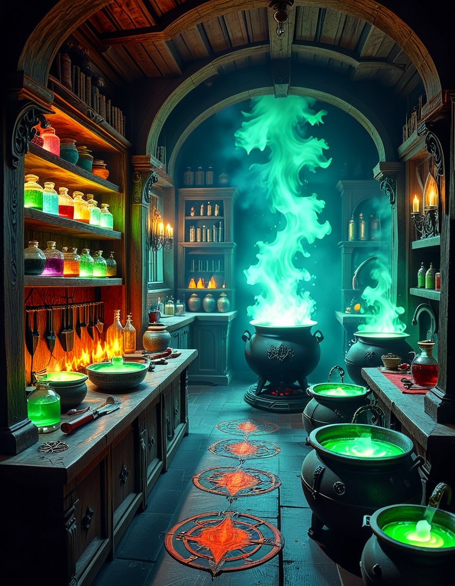 Hidden deep within the necromancerâs infernal domain lies a nightmarish kitchen, a grotesque fusion of alchemical laboratory and sacrificial chamber. The walls are carved from blackened bone and obsidian, pulsating faintly with necrotic energy. Faint green flames flicker in sconces made from twisted skeletal hands, casting eerie shadows across the macabre workspace. The air is thick with the scent of decay, ash, and something far worseâan indescribable aroma of corruption and dark magic.
At the center, a massive butcherâs table, scarred and stained with centuries of dried blood, serves as the primary workstation. Rusted, jagged knives, bone saws, and crude flesh-carving tools hang from hooks, their edges glistening with fresh remnants of something recently prepared. Nearby, grotesque cauldrons bubble with viscous, unnatural liquidsâblack ichor, boiling crimson blood, and glowing green elixirs swirl together, each concoction releasing haunting whispers as if infused with trapped souls.
Suspended from the ceiling, enormous iron hooks hold skinned carcassesâsome humanoid, others unrecognizable abominations stitched together from various creatures. Skeletal constructs, animated by unseen forces, mindlessly tend to the kitchen, stirring bubbling cauldrons and grinding unknown ingredients into fine powders using ancient, rune-etched mortars and pestles.
Along the walls, towering shelves hold disturbing "ingredients" sealed in glass jars: floating, disembodied eyes that track movement, severed hands that twitch sporadically, and writhing black worms that exude a thick, putrid slime. Bundles of dried, withered herbsâsome glowing faintly with infernal energyâhang from the rafters, alongside strips of preserved flesh, their origins best left unspoken.
In one corner, a massive, rune-inscribed oven burns with an unnatural, ghostly blue flame. The heat does not come from firewood but from the tormented souls bound within, their agonized wails fueling its endless infernal blaze. A massive iron cauldron sits atop a cracked stone hearth, where a thick, bubbling stew churnsâits surface occasionally breaking as something beneath struggles, clawing weakly before sinking back into the depths.
This is not a place for feastingâit is a workshop of the grotesque, where ingredients are harvested, flesh is repurposed, and the very essence of undeath is distilled into unholy nourishment. No living creature eats hereâonly the dead, the damned, and the things that should not be.
Style & Mood :
- Dark fantasy, gothic horror, necromantic aesthetics
- Cinematic, high-detail, eerie lighting
- Infernal atmosphere, filled with shadows, glowing green and crimson energy, and grotesque details
- Inspired by the works of ZdzisÅaw BeksiÅski, H.R. Giger, and dark medieval sorcery
<lora:SDXLFaeTastic2400:0.4> <lora:extremely_detailed:0.4> extremely detailed, <lora:mysterious_4lch3my_sh0p:1> mysterious 4lch3my sh0p <lora:nightmarish_k1tch3n:1>,nightmarish k1tch3n, Masterpiece,best quality,hi res,8k,hi res,8k,award winning,(sharp focus, intricate, highly detailed),