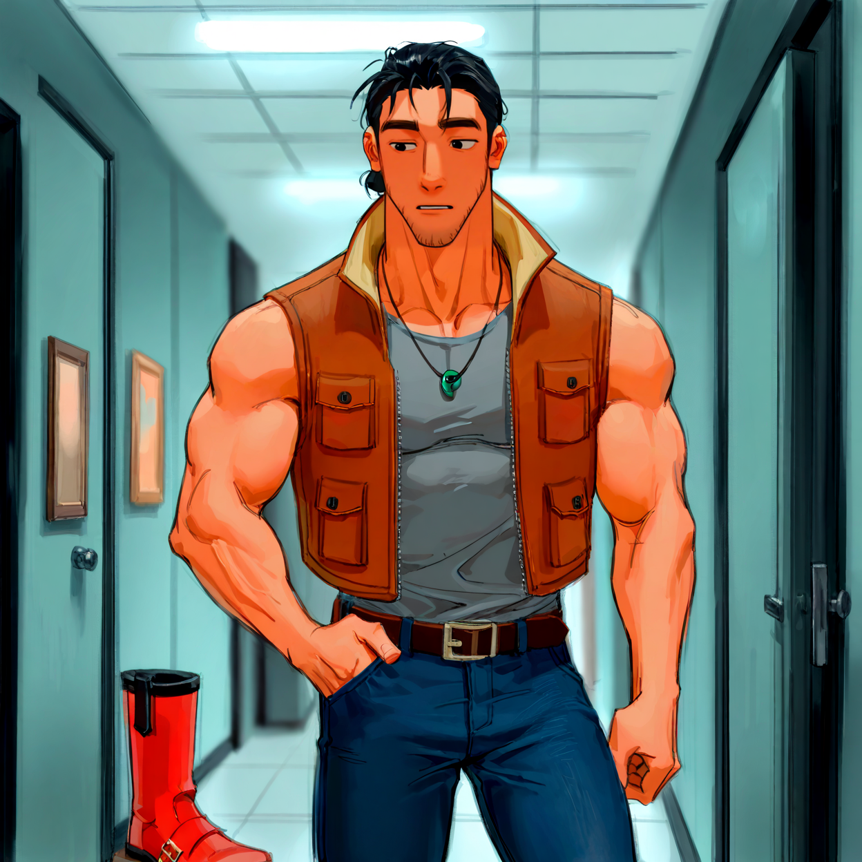 <lora:b665f55d-2b1c-40a0-93e1-de7107929d41.TA_trained:.7>, (coraltheo,black hair,black eyes,facial hair,stubble,hair bun, brown vest, grey shirt, sleeveless, jeans, belt, necklace, red boots,)
cowboy shot, standing, 
(very short hair, beard, bara, mature, facial hair, stubble, beard, full beard, sideburn, beard, a lot of beard, ), facial hair,male focus, muscular male, muscular male, bara, mature,  bara, mature, aixiwuganda_(20222192), very awa, masterpiece, best quality, absurdres, newest, perfect quality, detailed background, intricate details,
<lora:slider_Body Type_alpha1.0_rank4_noxattn_last:3><lora:Anime Summer Days 2 Style SDXL_LoRA_Pony Diffusion V6 XL:.6><lora:slider_cfg_scale_boost:.7><lora:Artist6p:.55>, Artist6p, Artist04p,<lora:slider_il_brightness_slider_d1:-1><lora:slider_il_contrast_slider_d1:-1><lora:slider_DarkSlider1.2_alpha1.0_rank16_full_300steps:-.6><lora:slider_contract_controller_illus01_v1:.25>, <lora:addon_illustriousXLv01_stabilizer_v1.121:.5>