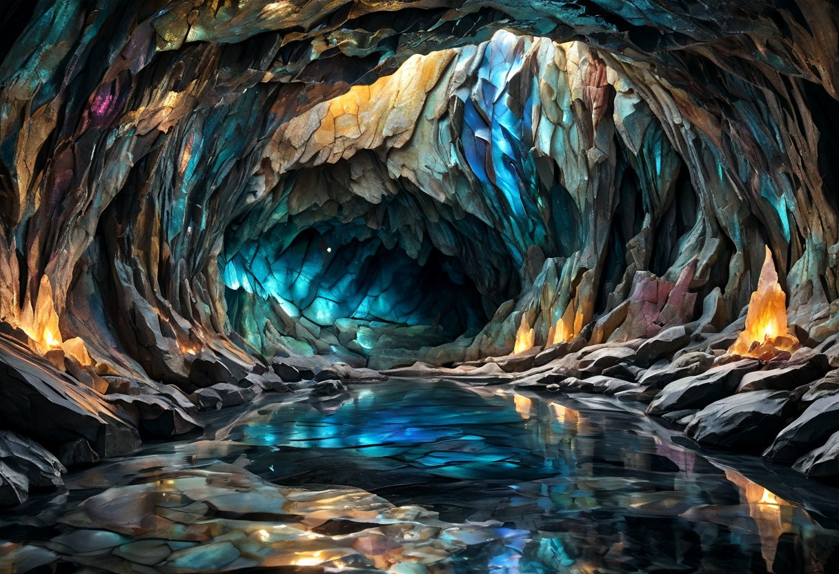 Iridescent Damascus, photorealistic, film grain, candid camera, color graded cinematic, eye catching, atmospheric lighting, highly detailed, deep depth of field, wide angle, wide view of a vast cavern, soft organic shapes, natural formation,smoothed by time and water, a (vast space:1.9) opening before the viewer,  an underground lake, crystal clear water, irregular shape formed by millenia of flowing water, reflecting torchlight, crystals in the rock walls glint in the (colours of the rainbow:1.6), intricately patterned with (labradorite:1.8) and moonstone, contrasted with (black granite:2.0), soft rounded shaped rock inviting to sit down near a fire pit emitting warm and welcoming light,