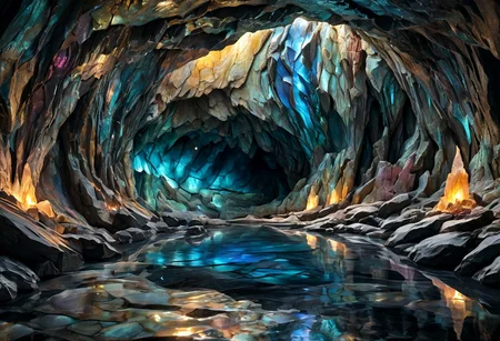Iridescent Damascus, photorealistic, film grain, candid camera, color graded cinematic, eye catching, atmospheric lighting, highly detailed, deep depth of field, wide angle, wide view of a vast cavern, soft organic shapes, natural formation,smoothed by time and water, a (vast space:1.9) opening before the viewer,  an underground lake, crystal clear water, irregular shape formed by millenia of flowing water, reflecting torchlight, crystals in the rock walls glint in the (colours of the rainbow:1.6), intricately patterned with (labradorite:1.8) and moonstone, contrasted with (black granite:2.0), soft rounded shaped rock inviting to sit down near a fire pit emitting warm and welcoming light,