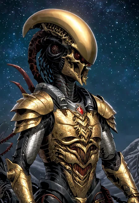An insanely Detailed Divine Xenomorph, Golden and silver in color, cyberpunk, a crimson tinge to the golden color, Hyperdetailed, Omnipresent, Beautiful, Sinister overtones, otherworldly,((masterpiece, best quality)), fantasy, solo, 1 alien knight, silver armor chestplate with silver medieval ornaments and runes, galactic night sky background, perfect composition, sidelighting, outdoor,