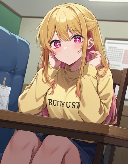 score_9, score_8_up, score_7_up, source_anime,
rubyhoshino, <lora:ruby-hoshino-ponyxl-lora-nochekaiser:1>,
ruby hoshino, long hair, bangs, blonde hair, pink eyes, sidelocks, symbol-shaped pupils, multicolored hair, two-tone hair,
shirt, long sleeves, sweater, clothes writing, yellow shirt,
indoors, chair, table, sitting,
looking at viewer, cowboy shot, dutch angle,