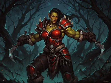 adult woman, orc, greenl skin, yellow eyes, black hair, long hair, muscular female, red armor, gloves, pauldrons armor, standing, holding weapon, dagger, dual wielding, black forest, night, outdoors, <lora:WorldOfWarcraftXL:0.8>, BREAK score_9, score_8_up, score_7_up, score_6_up, score_5_up, score_4_up