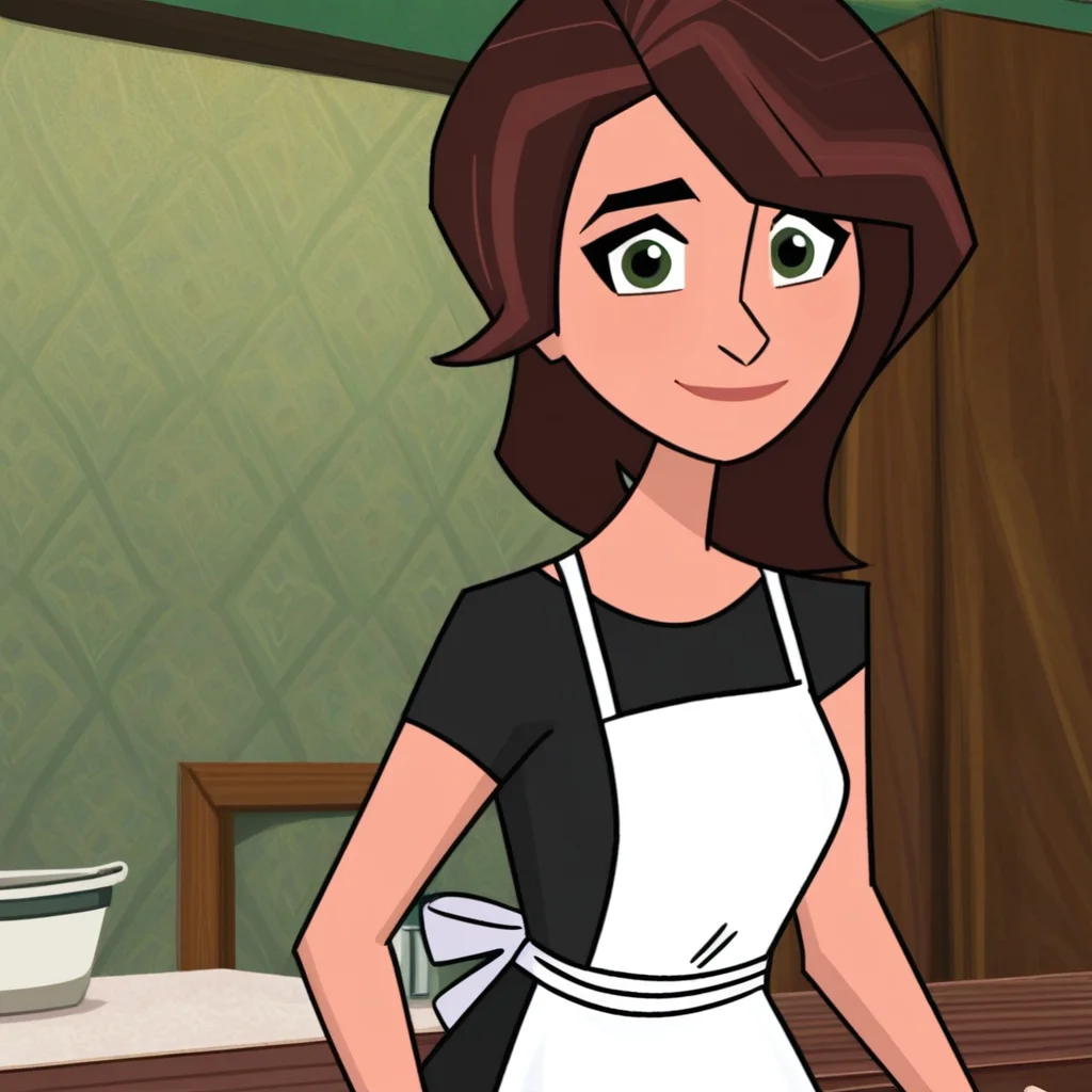 Cass(character), female, brown hair, dark green eyes, Solo, inside, smile, black top, white apron, upper body, looking at viewer