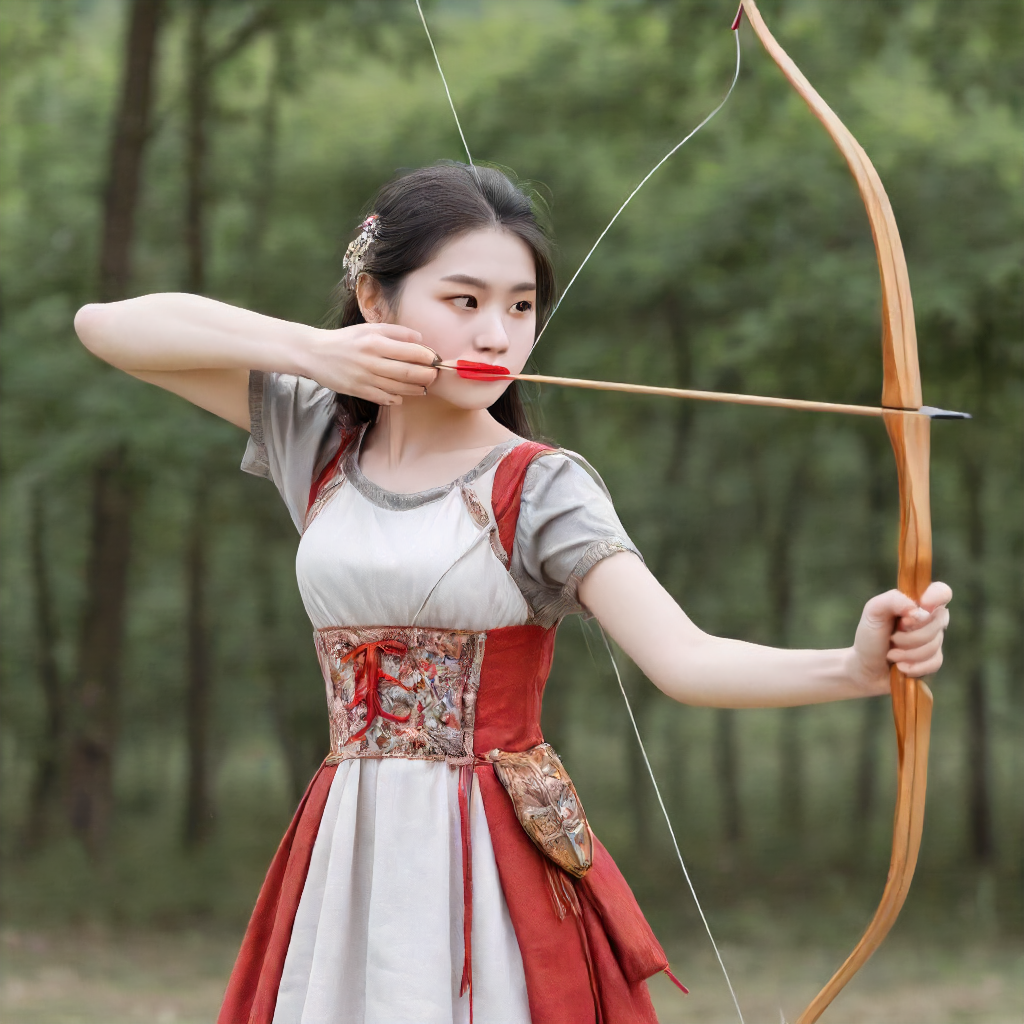 1girl,Long bow , Aiming a Bow, firing and arrow,d1 dress cloth<lora:mergedarchedlora:1>