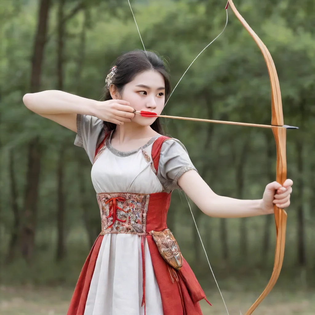 1girl,Long bow , Aiming a Bow, firing and arrow,d1 dress cloth<lora:mergedarchedlora:1>