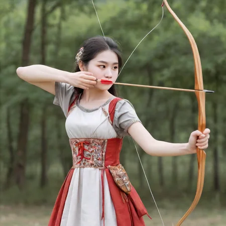 1girl,Long bow , Aiming a Bow, firing and arrow,d1 dress cloth<lora:mergedarchedlora:1>