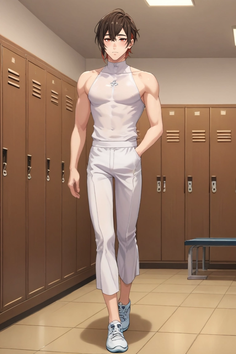 score_9, score_8_up, score_7_up, , rating_safe, intricate details, anime screencap, , , , , 1boy, solo, male focus, <lora:yakumo_nu_carnival_pony:0.96>, yakumo_nu_carnival, brown hair, red eyes, short hair, multicolored hair, two-tone hair, red hair, wide angle, wide shot, full body, locker room, midnight, w arms, squinting, , <lora:sdxl_lightning_8step_lora:1>